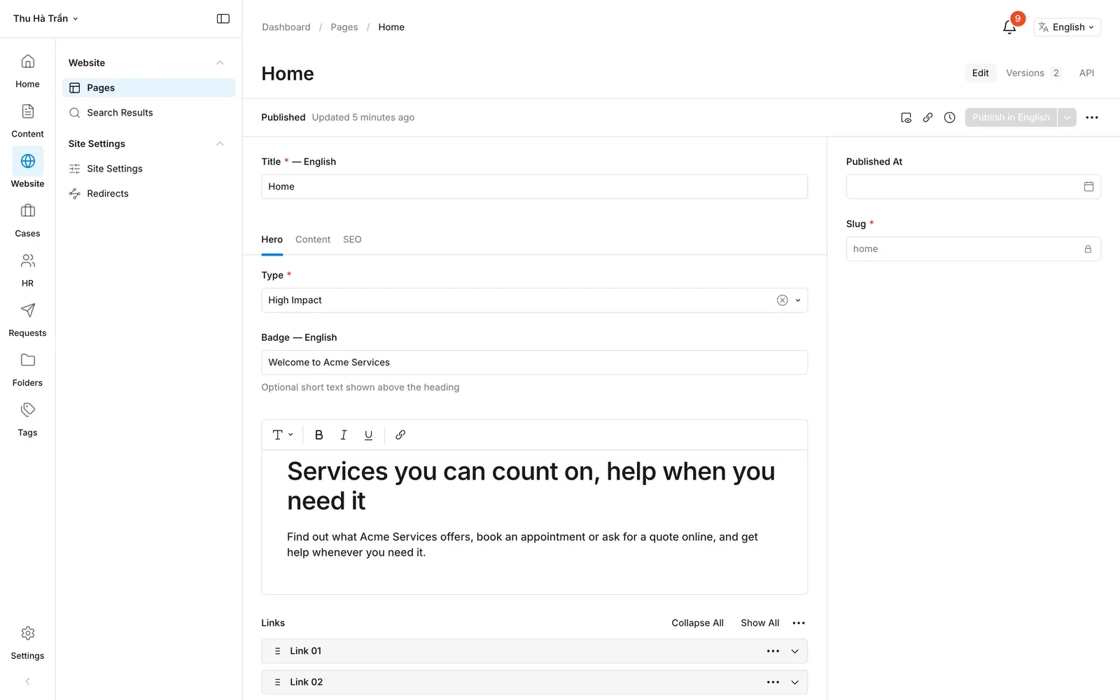 Editing a page with its blocks